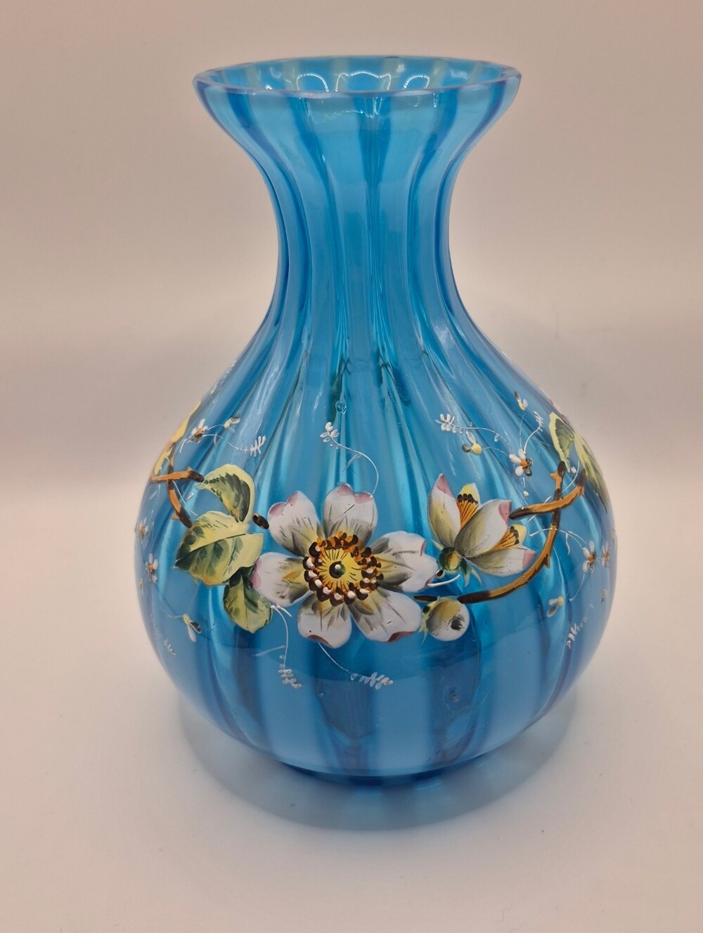 Blue Hand-Painted Floral Glass Vase by